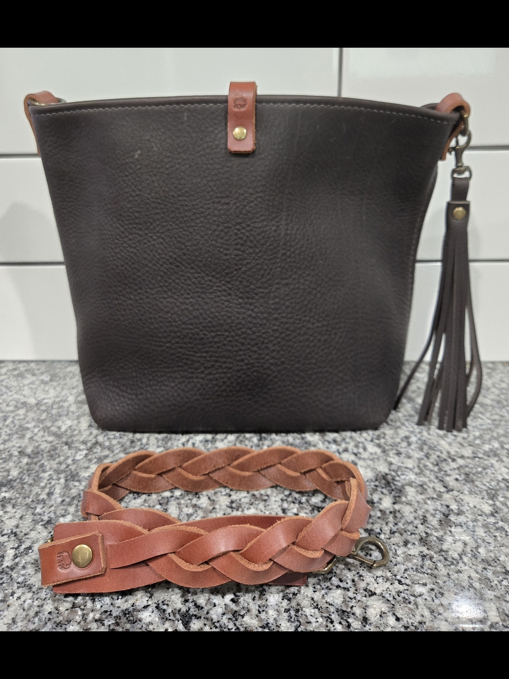 Buffalo Hyde & Hooks Gray Small Bucket Bag with Braided Tan Strap